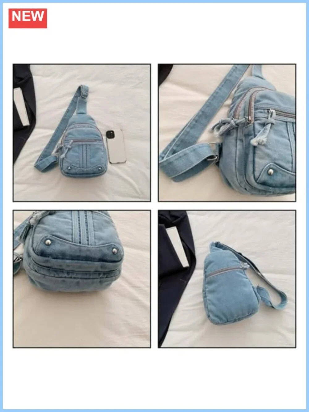 Washed Denim Y2K Sling Crossbody Bag Women Chest Purse Anti-Theft